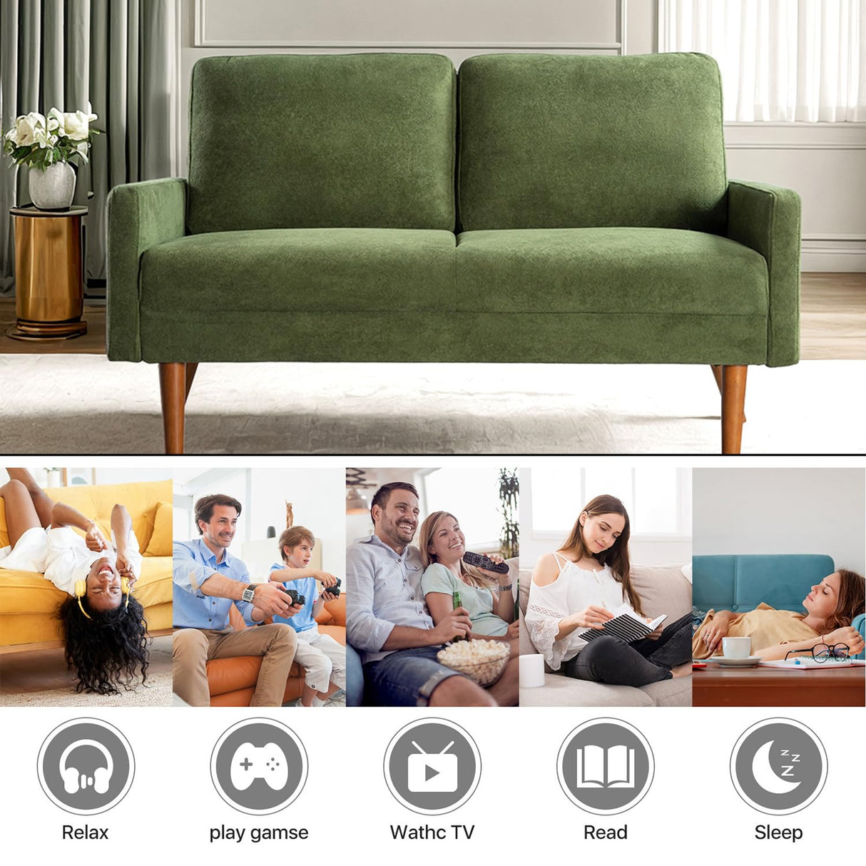 Majnesvon 56" Velvet Love seat Sofa,Modern Style Futon Couches for Living Room,Small Loveseat for Small Spaces,2 Seater Couch with Upholstered Seat,Chic Living Room Furniture Seating for Home (Green) Majnesvon