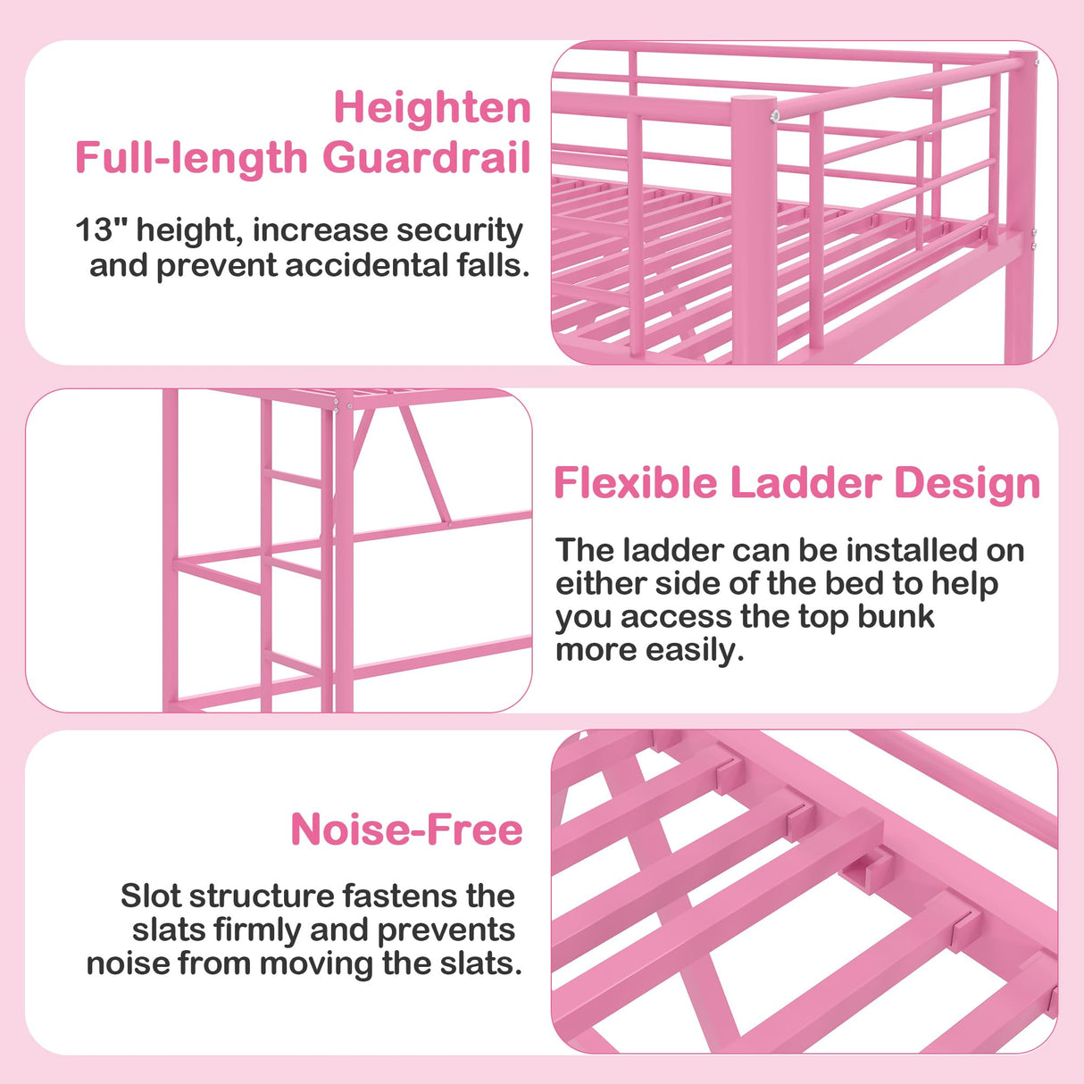 VECELO Loft Bed Twin Size, Metal Bedframe with Removable Ladder and Safety Guardrail, No Box Spring Needed, Space Saving, Noise Free, Pink VECELO