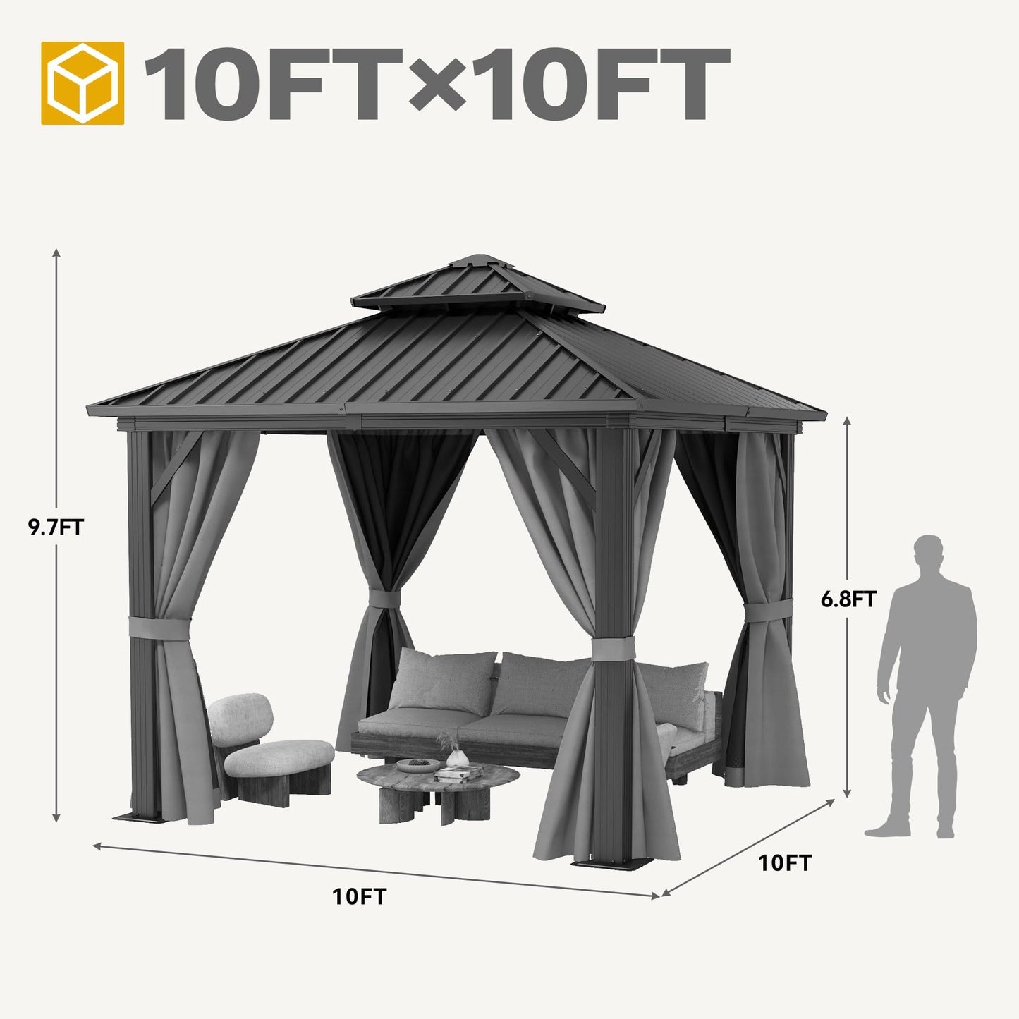 DWVO 10x10ft Hardtop Gazebo Double Roof with Nettings and Curtains, Heavy Duty Galvanized Steel Outdoor Vertical Stripes Roof for Patio, Backyard, Deck, Lawns, Grey - WoodArtSupply