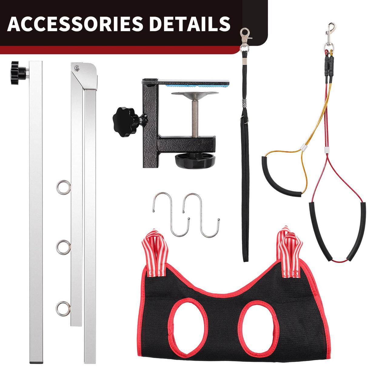 Dog Grooming Table Arm with Hammock - Adjustable Height, Pet Grooming Hammock, No Sit Haunch Holders, Loop Noose Heavy-Duty Clamp (Stainless Steel) Phenfor