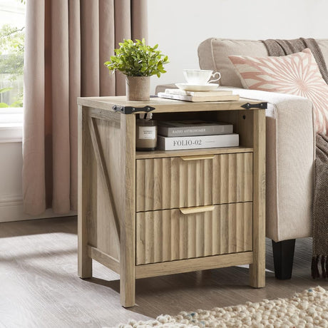 BuildHom Brown Fluted Night Stand with Charging Station, 2 Drawers Nightstand w/Open Shelves, Wood Curved Profile Design End Table, Modern Bedside Table for Bedroom, Sunwashed Ash Oak BuildHom