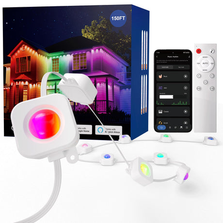 HUTAKUZE Permanent Outdoor Lights, 150ft RGB Outdoor Christmas Lights with 90 LED Light, IP67 Waterproof LED Eaves Light, DIY Scene Modes for Halloween and Holiday Decor, Smart APP & Remote Control HUTAKUZE