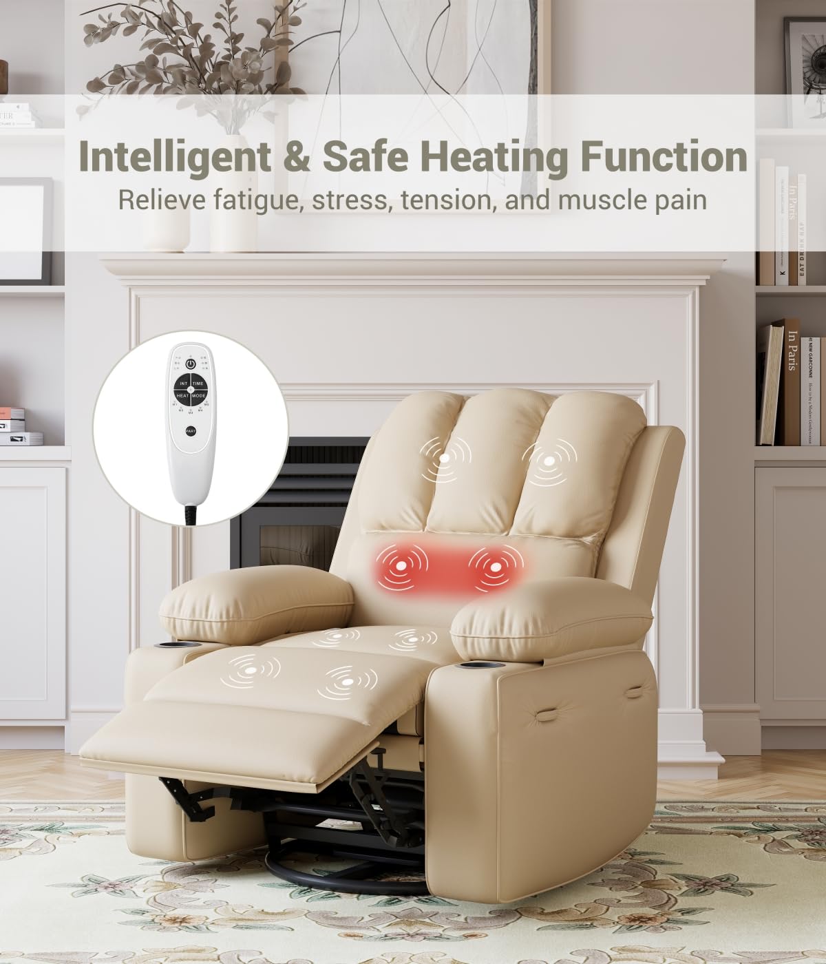 Oversized 27" Power Recliner Chair with Heat and Massage - 360° Swivel Faux Leather Rocking Chair for Adults with Cup Holder for Living Rooms, Bedrooms, and Nurseries - Beige GarveeHome