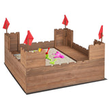 HONEY JOY Sandbox with Sand Wall, Cedar Bottomless Sand Pit for Backyard, 4 Red Flags & Bottom Liner, Side Bench & 2 Boxes, Wooden Sand Boxes for Kids Outdoor, Gift for Boys Girls HONEY JOY