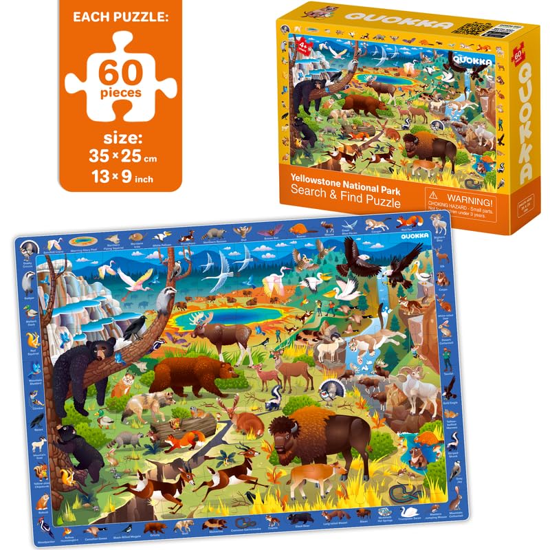 QUOKKA Puzzles for Kids Ages 4-6 - 4 x 60 Puzzles for Toddlers 5-8 - Educational Search & Find Toy for 8-10 yo for Learning Forest Polar, USA National Park Animals & City Life