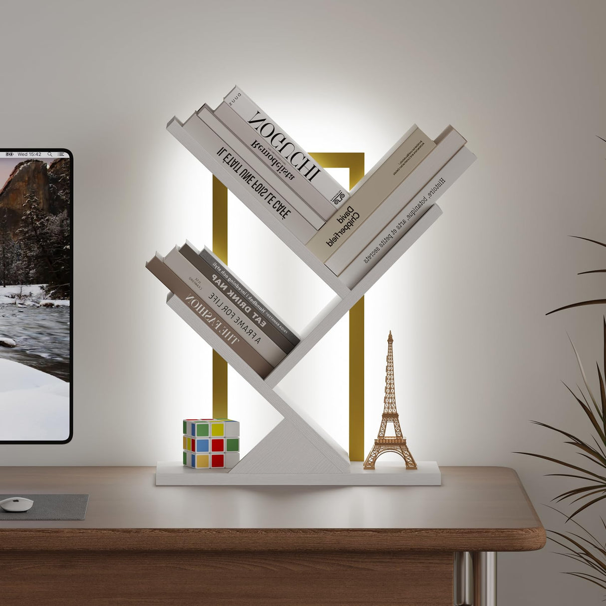 Qupui Tree Bookshelf with LED Lights, 3 Tier Floor Standing Bookcase, Classical Corner Shelf Kids Bookshelf, Tall Wood Book Storage for Bedroom, Living Room, Home Office, White Qupui