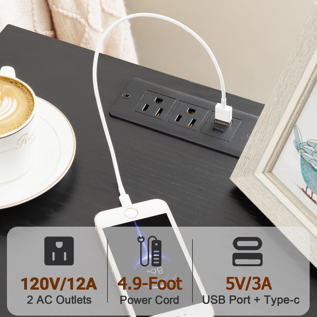 LOAKEKEL Night Stand Set 2, LED Nightstand with Charging Station, End Tables with Storage Shelf, Bedside Table with 2 Fabric Drawers for Bedroom, Small Spaces, Black, HETS02BK LOAKEKEL