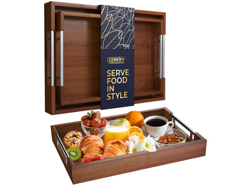 Set of 2 Decorative Serving Trays - Bamboo + Silver Stainless Steel Handles - Coffee Table or Ottoman Tray for Breakfast in Bed Jewelry, Decor Organization - 12"x17" - Stained Brown Finish Comfify