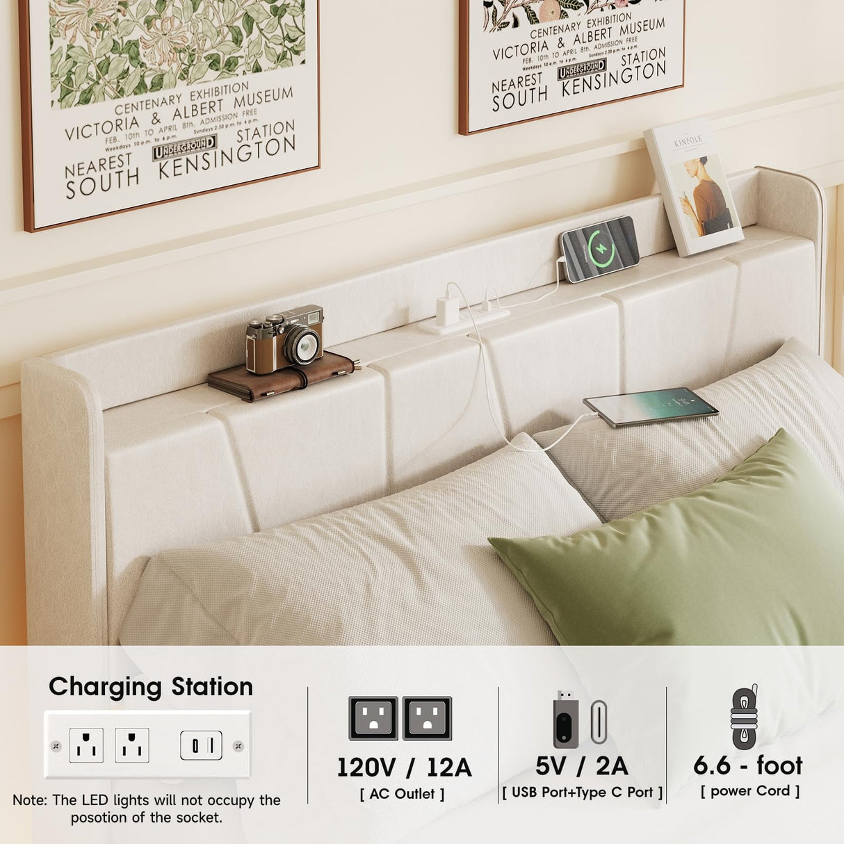 Halitaa King Size Floating Bed Frame with LED Lights, Lift-Up Storage, and Charging Station in White PU Leather Halitaa