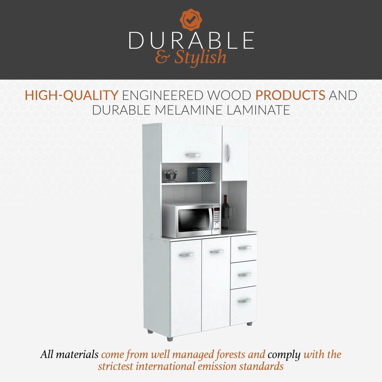 Inval, 71" H x 23.6" W x 17.1" D, White Kitchen Microwave Storage Cabinet with 3 Drawers, Kitchenette Standing Pantry Inval