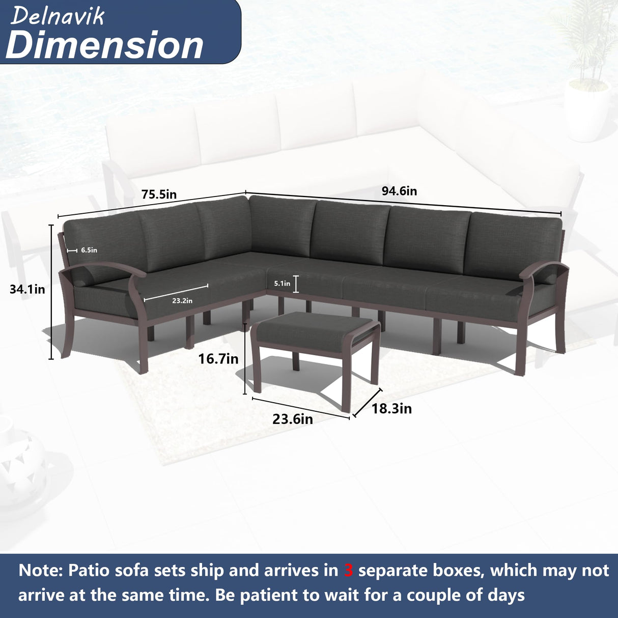 Kurapika Patio Furniture Set 8-Piece Aluminum Sectional Sofa with Armrest, Modern Outdoor Conversation Set, Metal Corner Sofa with Ottoman, Black Kurapika