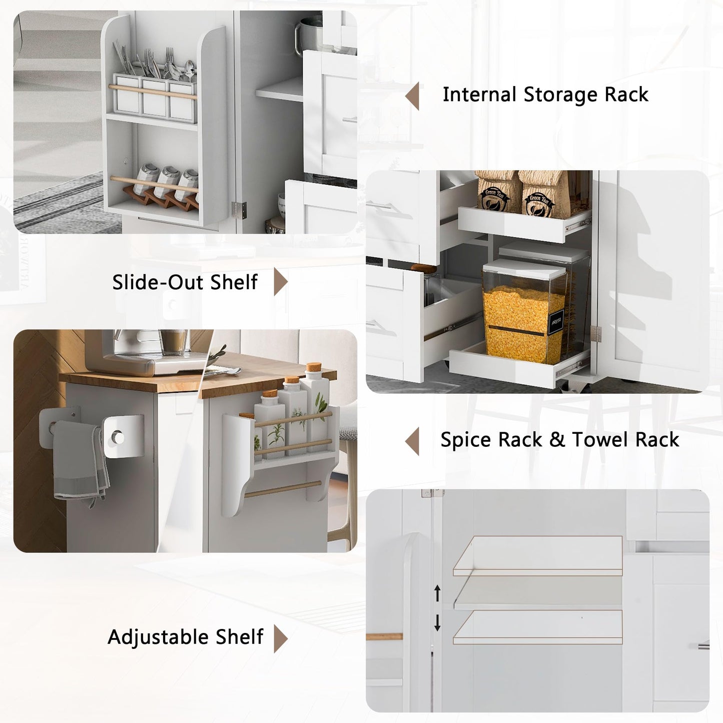 Rolling Kitchen Island with Storage, Kitchen Island on Wheels with Spice Rack & Tower Rack, Kitchen Cart with Rubber Wood Top, 3 Drawer, 2 Slide-Out Shelf and Internal Storage Rack, (White-50)