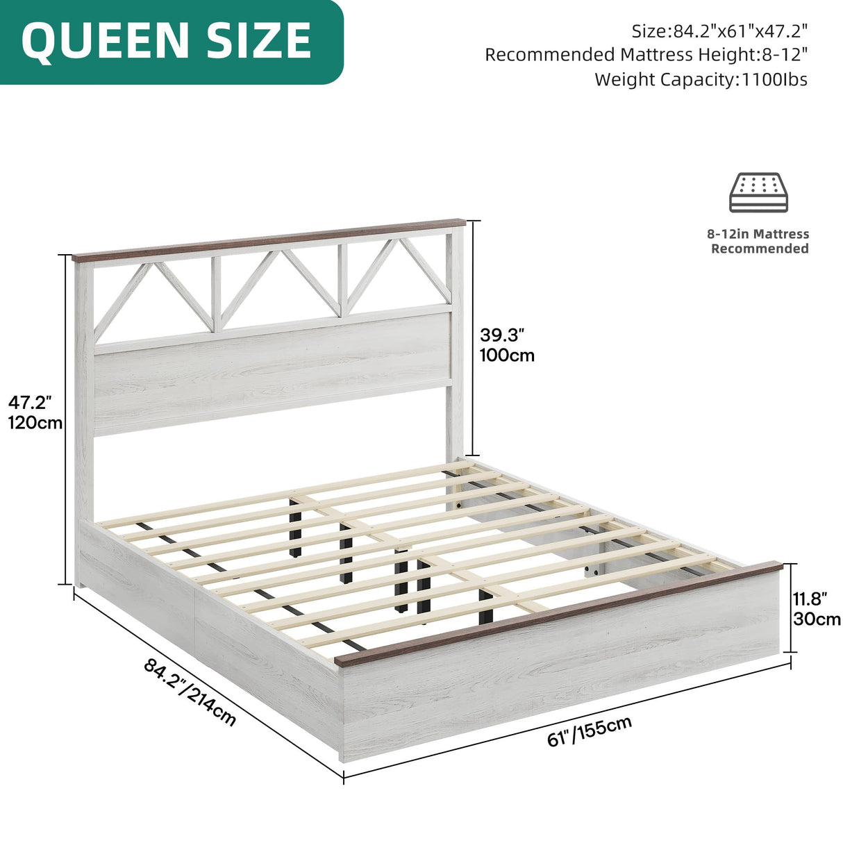 YITAHOME Farmhouse Queen Size Bed Frame with 47.2'' Headboard, Platform Rustic Wood Bed Frame with Slats, Sturdy and Noiseless, No Spring Needed, White YITAHOME
