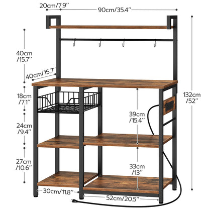 HOOBRO Bakers Rack with Power Outlet, 35.4 Inches Coffee Bar with Mesh Basket, Microwave Stand with 4 S-Shaped Hooks, Kitchen Bakers Rack with Storage, Easy to Assemble, Rustic Brown BF05HB01