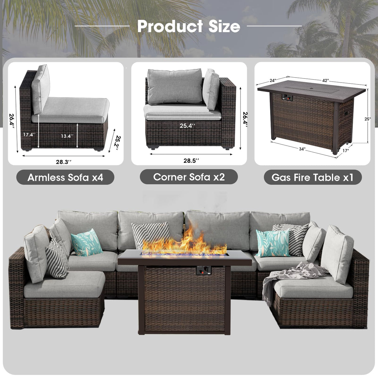 Patio Furniture Set,7 Piece Patio Furniture Set with Fire Pit Table,PE Wicker Rattan Sectional Sofa Patio Conversation Set with Thickened Cushions, Grey Grezone