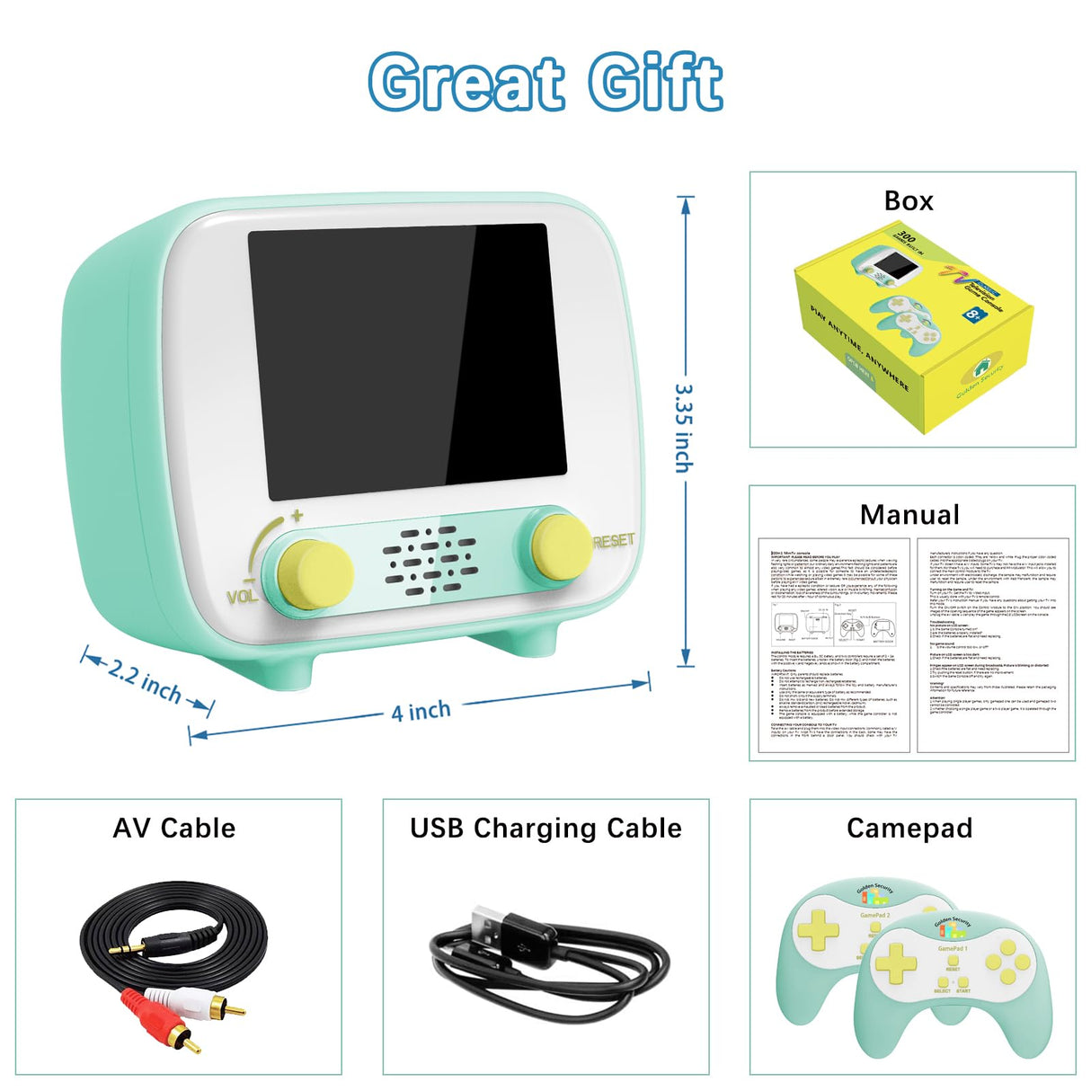 Handheld Game Console, Retro Mini Arcade Machine, 2.8 Inches, (One Player Game 216 Classic Games, Two Player Game 84 Classic Games), Supports for Handheld Controller & AV Output Connection TV Golden Security