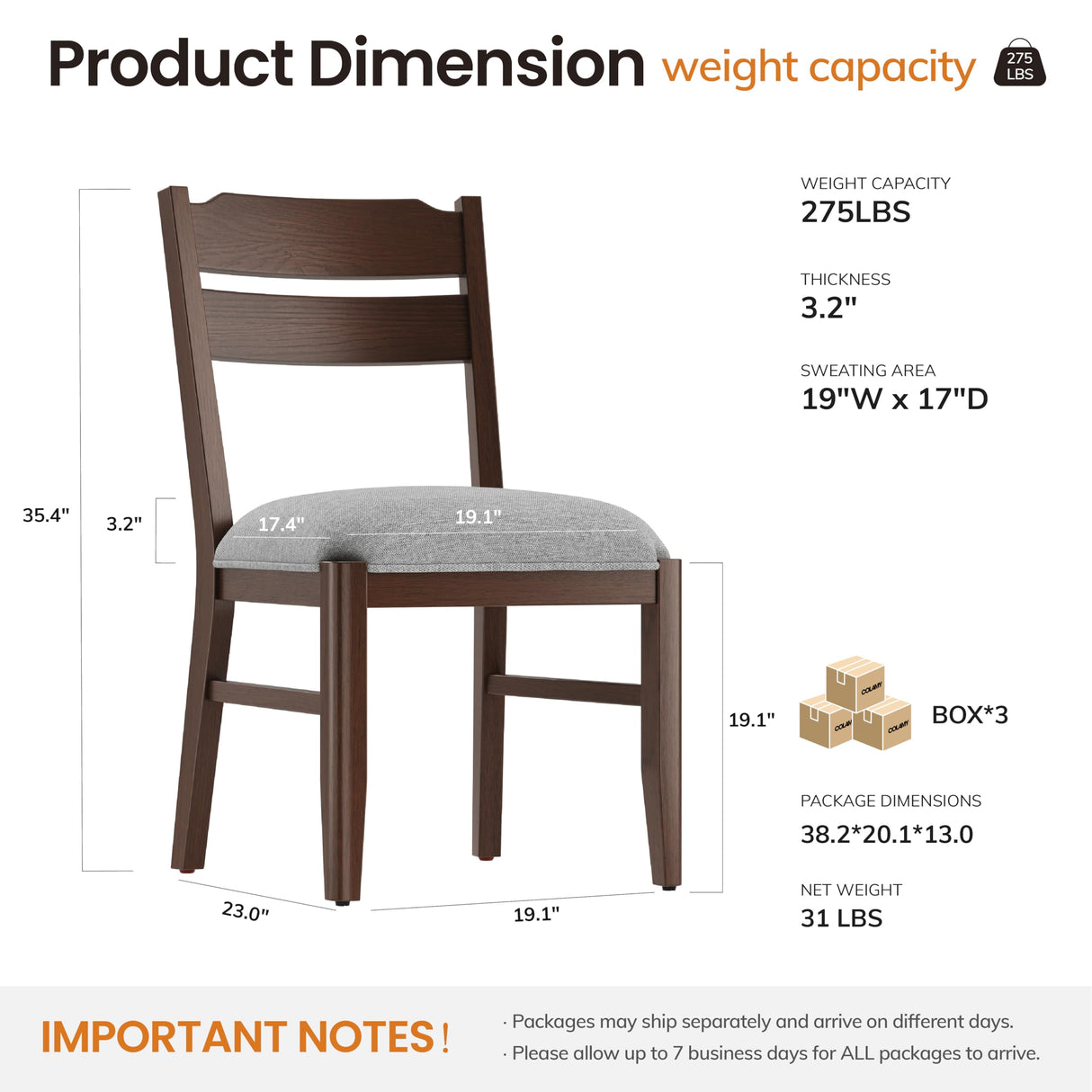 COLAMY Wooden Dining Chair with Fabric Upholstered Seat Set of 6, Modern Farmhouse Ladder Back Dining Room Chair, Solid Wood Transitional Kitchen Chair, Dark Brown COLAMY