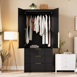 GarveeHome Armoire Wardrobe Closet, 69.5 in Wooden Wardrobe Cabinet with 3 Drawers, Hanging Rod, 2 Doors Clothing Storage Cabinet for Bedroom, Large Capacity Storage, Rattan Door, Black GarveeHome