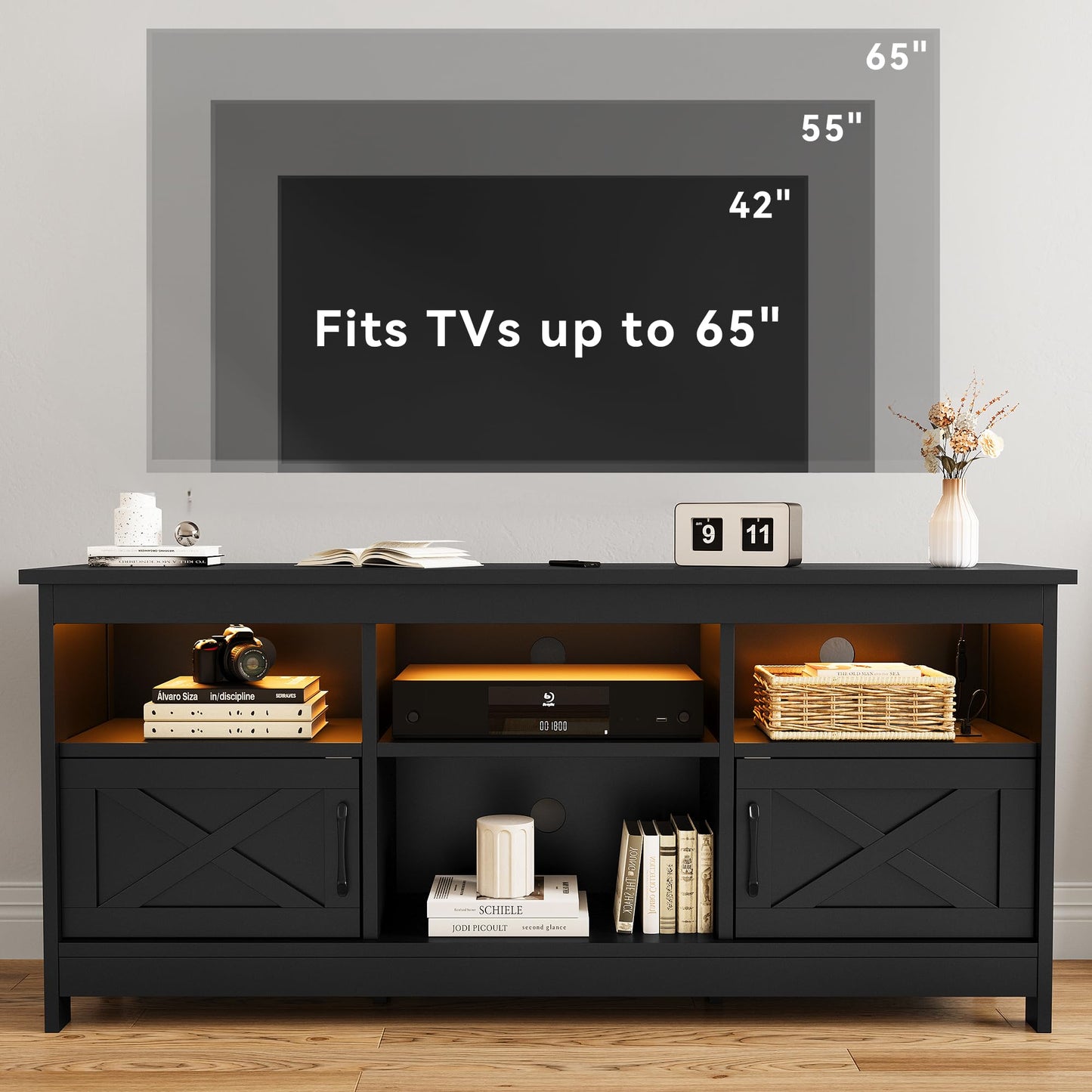 DWVO Farmhouse TV Stand for TVs Up to 65 Inch, Entertainment Centre with LED Light, TV Table with Power Outlet, TV Console for Living Room Bedroom, 59 Inches Black