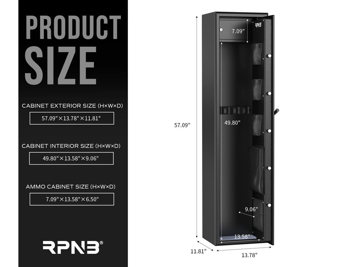 RPNB Large Biometric Rifle Safe,5-Gun Electronic Gun Security Cabinet,Quick Access Fingerprint Long Metal Rifle Gun Security Cabinet with 3 Spoke Safe Handle,Door Organizer,Separate Pistol/Ammo Area RPNB