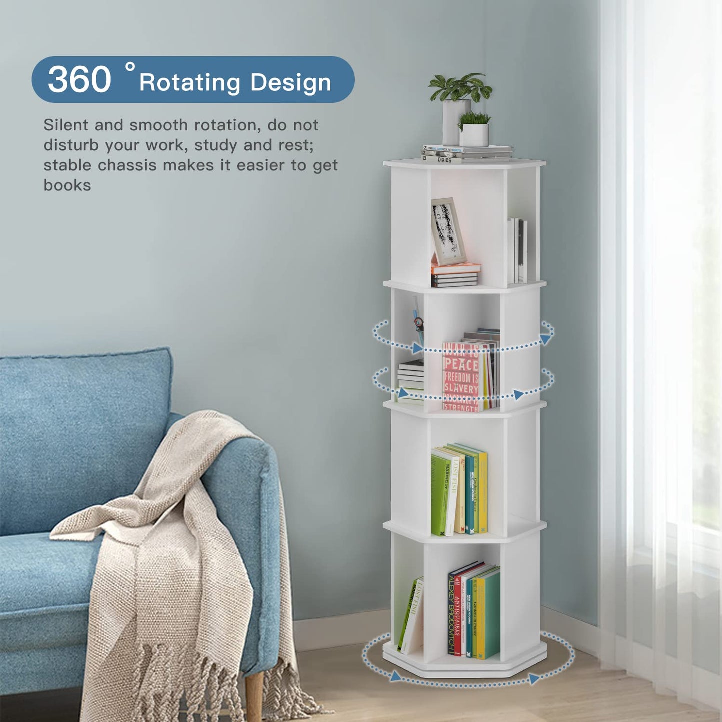 Tonchean 4-Tier White Rotating Bookshelf – 360° Spinning Floor Stand Bookcase for Living Room & Bedroom - WoodArtSupply