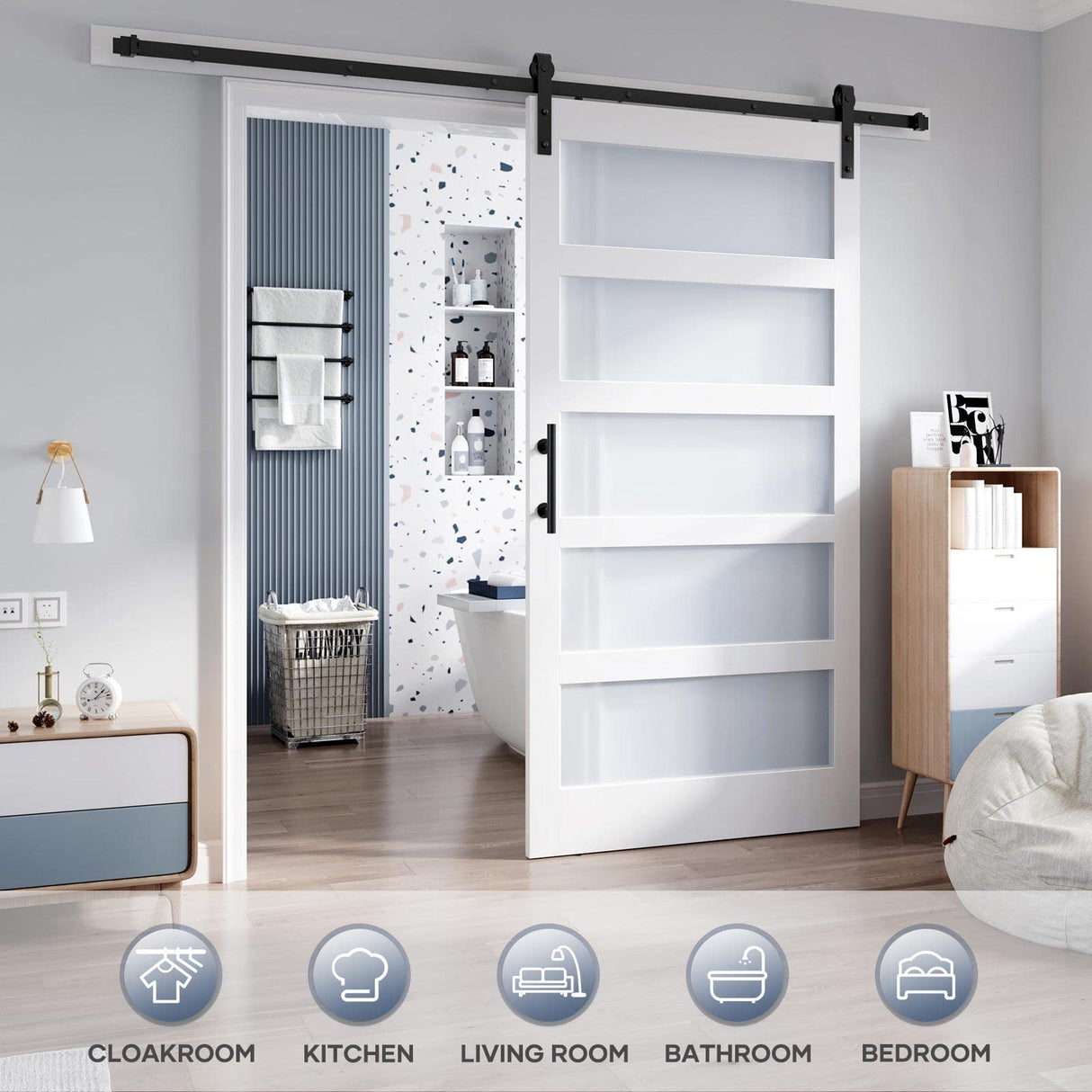 ROYMELO 42x84 Inch Glass Sliding Barn Door Slab and 7ft Hardware Kit Included, 5 Frosted Glass, LVL Wood Panel Covered with White Water-Proof Scratch-Proof PVC Surface, Simple DIY Assembly ROYMELO