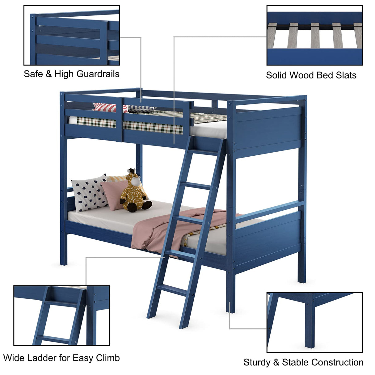 Giantex Twin Over Twin Bunk Bed, Solid Wood Twin Bunk Bed Convertible Into Two Individual Beds, Kids Twin Bunk Bed w/Ladder & Guard Rail for Boys Girls (Navy) Giantex