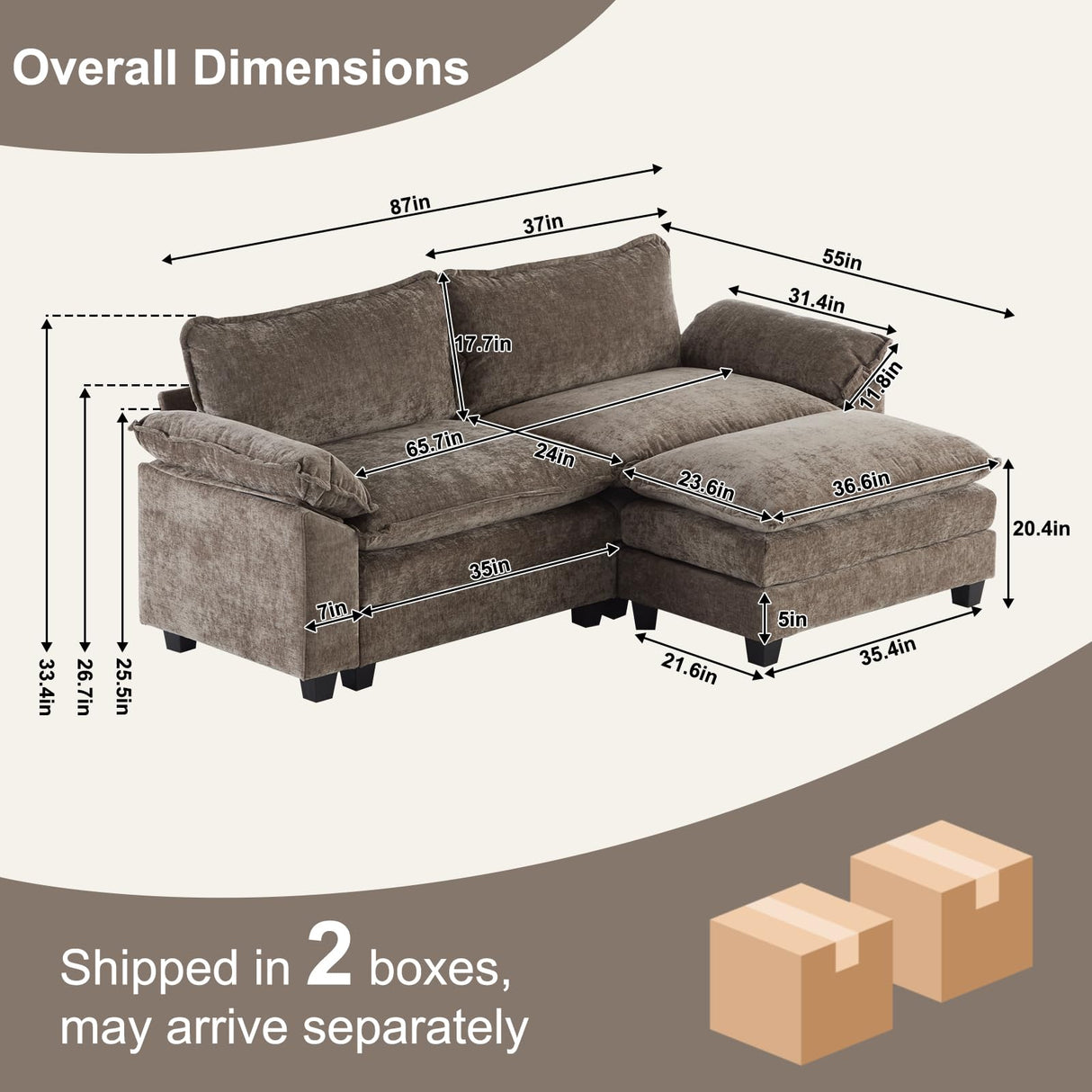 Karl home 87" Sectional Couch 2-Seat Deep Sofa Couch with Ottoman Modern L Shape Sectional Sofa Chenille Upholstered for Living Room, Apartment, Studio, Office, Light Brown Karl home