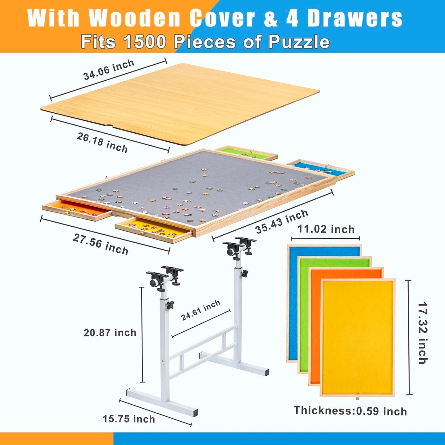 Fanwer Adjustable Puzzle Table with Drawers 1500 Piece, Angle & Height Adjustable Jigsaw Puzzle Table with Metal Legs | 35"x26" Tilting Puzzle Board for Adults and Children, Gift for Mom, Mot - WoodArtSupply