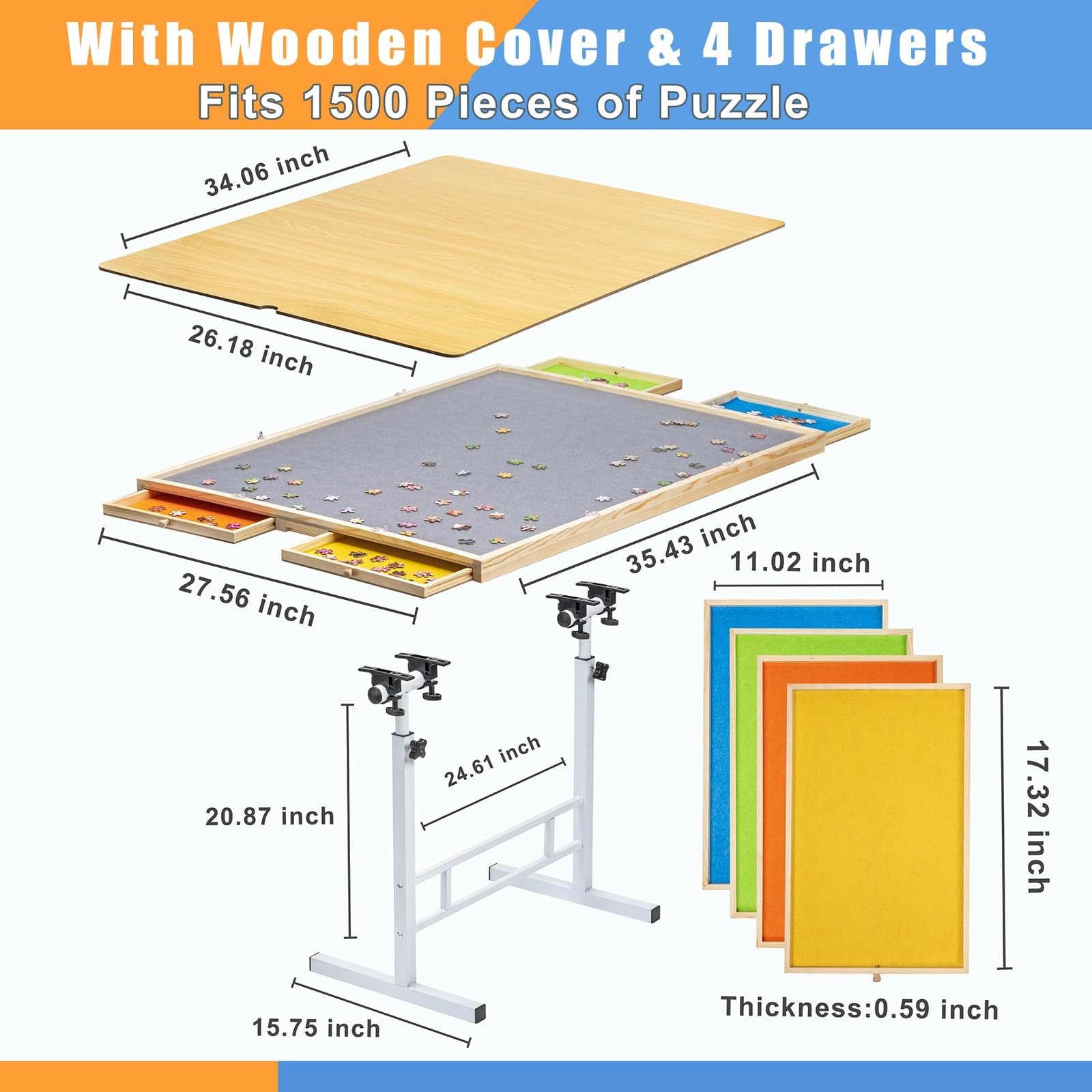 Fanwer Adjustable Puzzle Table with Drawers 1500 Piece, Angle & Height Adjustable Jigsaw Puzzle Table with Metal Legs | 35"x26" Tilting Puzzle Board for Adults and Children, Gift for Mom, Mot - WoodArtSupply