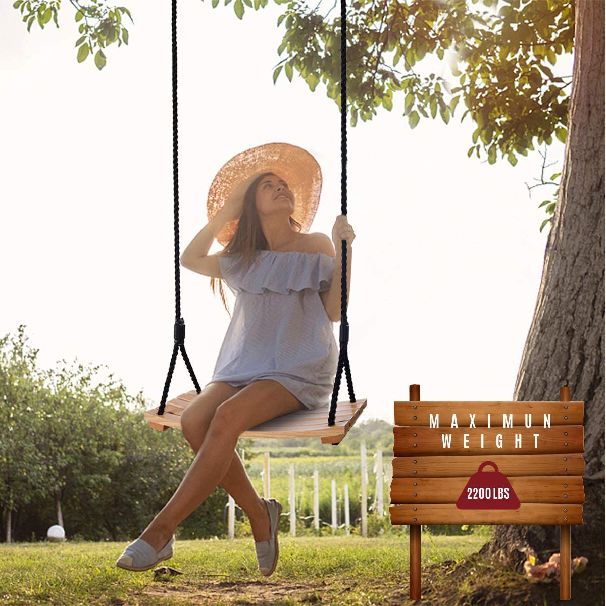 Taeku Adult Tree Swing, Hanging Beech Wood Swings with Adjustable Rope Garden Chair Seat Swing for Indoor Outdoor (22''x10'') Taeku