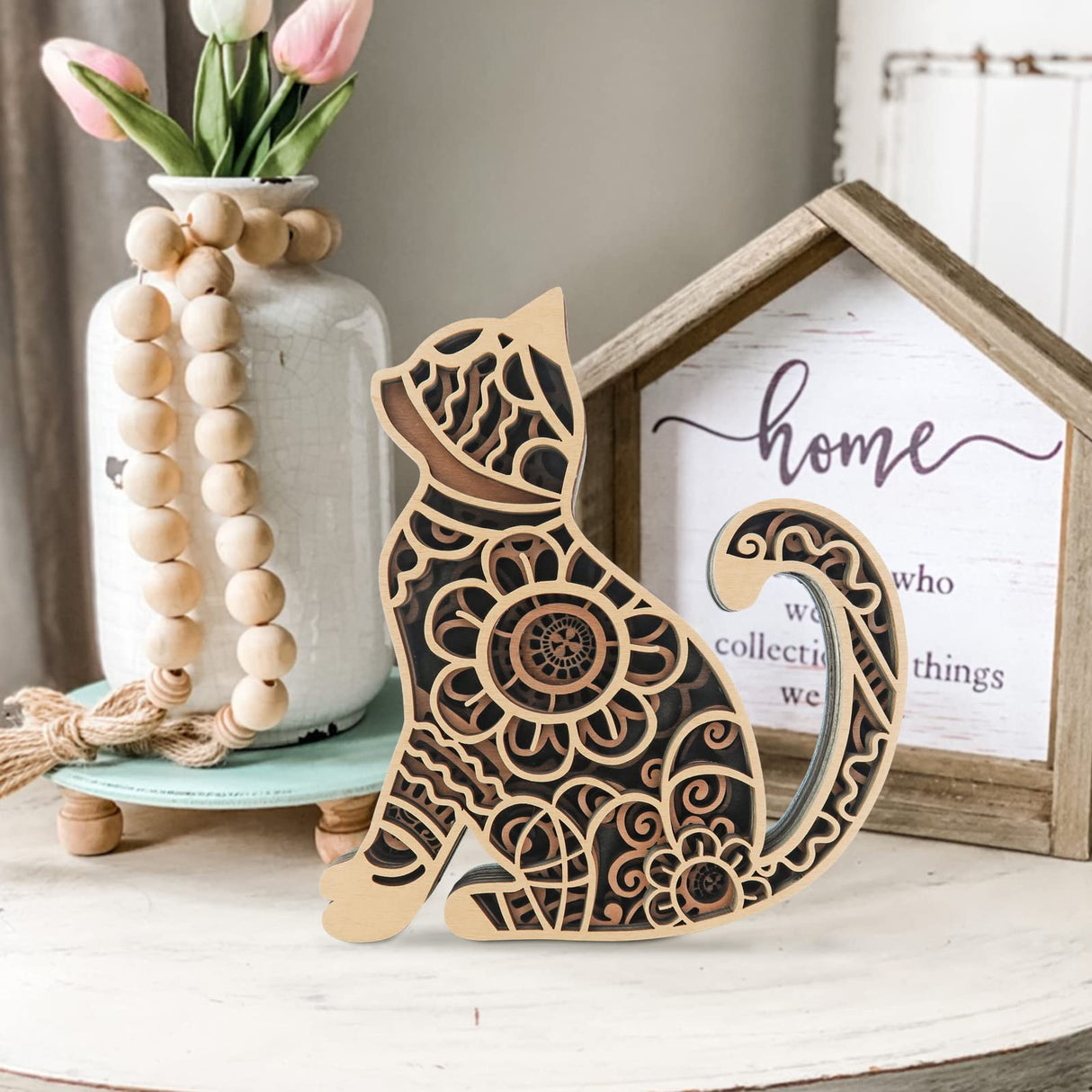 Multi-Layered Cat Decor, Farmhouse Wooden Cat Craft 4 Layer Rustic Kitten Self-Standing Statue Desktop Shelf Tier Tray Display Cat Lovers Gift 6'' Laisgee