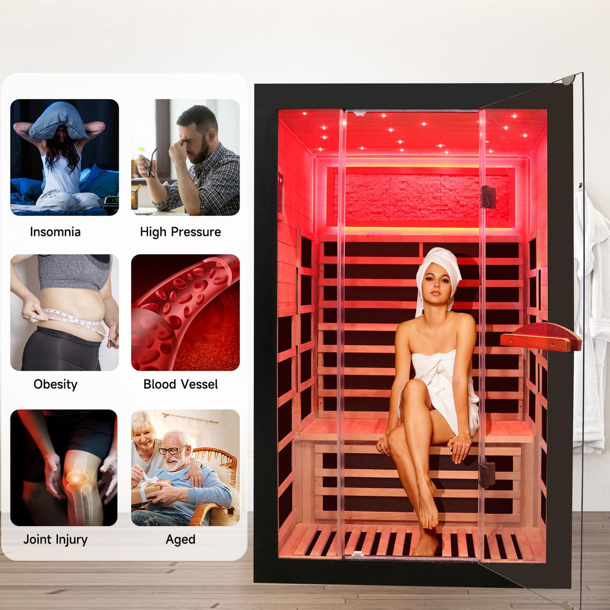 OUTEXER Infrared Sauna 2000W Wooden Saunas Home Spa Room Canadian Hemlock Wood Low-EMF Indoor Saunas with with 7 Color Starry Sky Ceiling Light for Two Person 74.8 * 47.2 * 41.3Inch OUTEXER