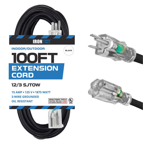Iron Forge Cable 100 ft Heavy Duty Extension Cord Outdoor, SJTOW Oil Resistant 12 Gauge Lighted Extension Cord 3 Prong, 12/3 Black Industrial Electrical Cable 15 Amp for Farm, Ranch, Appliances IRON FORGE CABLE