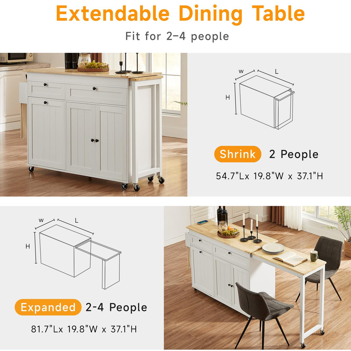 ONBRILL Kitchen Islands with Extendable Dining Table, 81.7" Mobile Kitchen Storage Islands, Rolling Kitchen Cart with Trash Cabinet, Power Outlet, Spice Rack & Towel Rack (White) ONBRILL