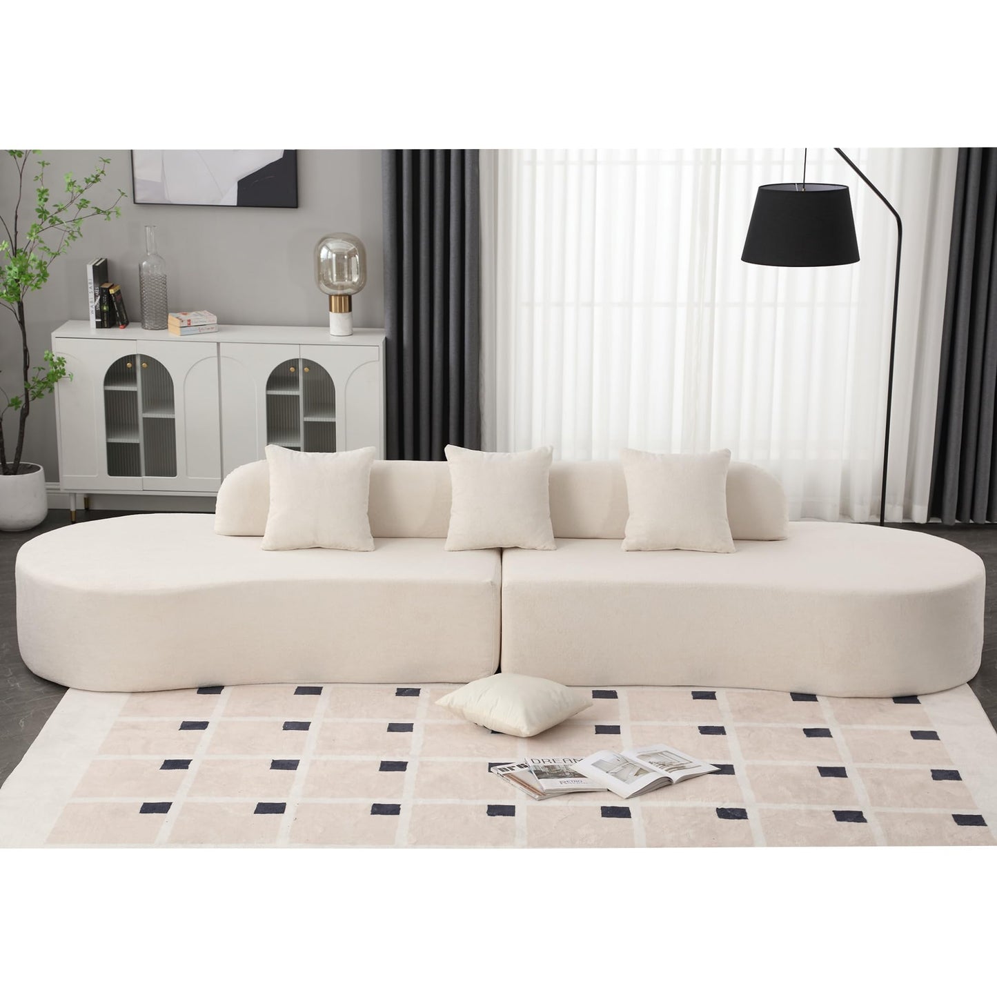 VnndeNest 130" Modular Sectional Sofa，Terrycloth Fabric Modern Minimalist Sofa, Comfy Upholstered Curved Sofa with 3 Pillows, Luxury 4 Seater Couch for Living Room, Apartment, Free Installation，Beige