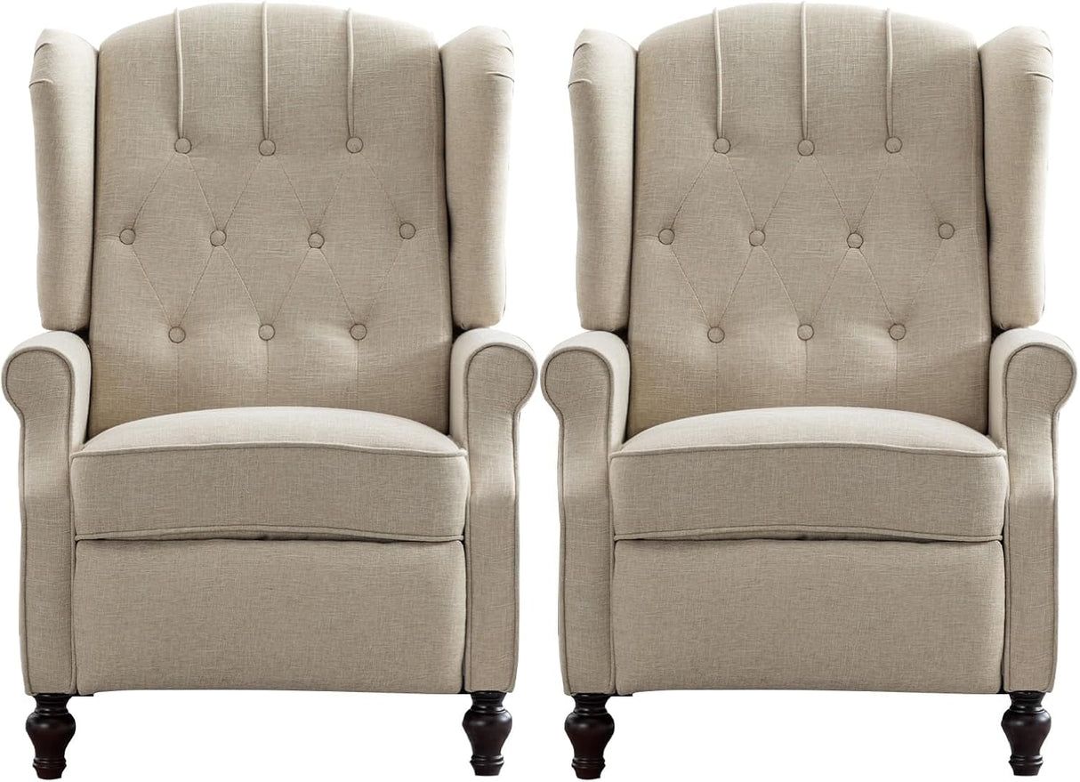 OQQOEE Wingback Recliner Chair Set of 2 with Massage and Heat, Push Back Accent Armchair with Adjustable Backrest, Nailhead Trim, Upholstered Fabric Chair for Living Room, Bedroom, Small Spaces(Beige) OQQOEE