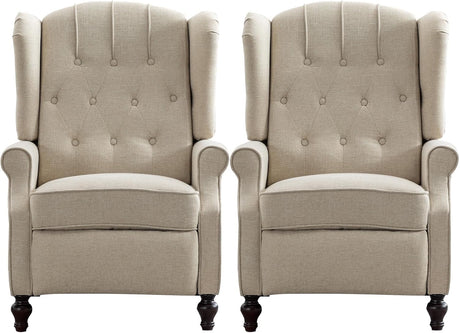 OQQOEE Wingback Recliner Chair Set of 2 with Massage and Heat, Push Back Accent Armchair with Adjustable Backrest, Nailhead Trim, Upholstered Fabric Chair for Living Room, Bedroom, Small Spaces(Beige) OQQOEE