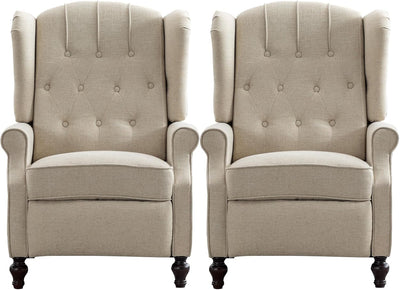 OQQOEE Wingback Recliner Chair Set of 2 with Massage and Heat, Push Back Accent Armchair with Adjustable Backrest, Nailhead Trim, Upholstered Fabric Chair for Living Room, Bedroom, Small Spaces(Beige)