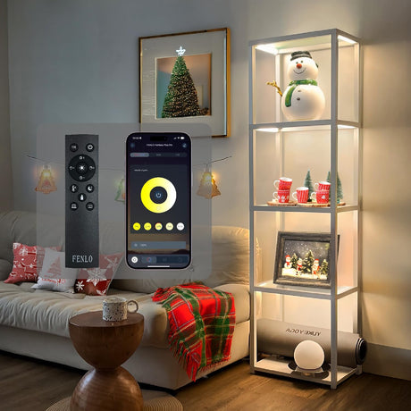 FENLO Fantasy Plus - 66" Floor Lamp with Glass Display Shelves, Dimmable LED Floor Lamp with Shelves, Premium Curio Cabinet for Home Decor, Glass Display Cabinet with Color Changing Temps - White FENLO