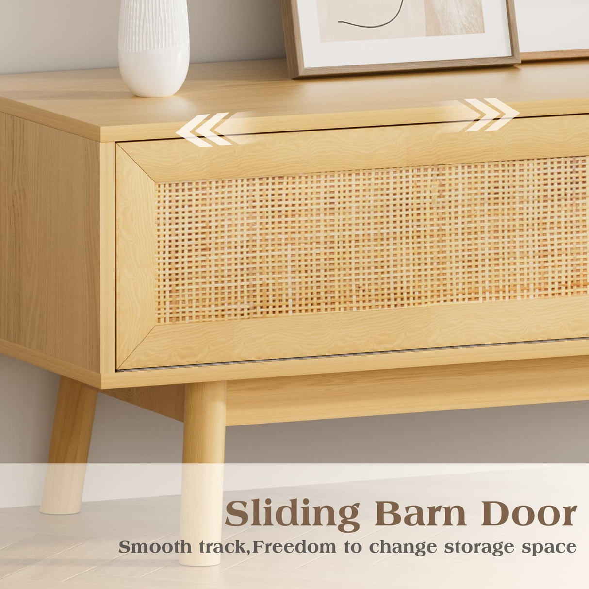 SYESWAY 46.8" Rattan TV Stand Boho TV Stand for up to 55 inches TV Entertainment Center with Natural Rattan Door Mid Century Modern TV Console for Living Room,Bedroom SYESWAY