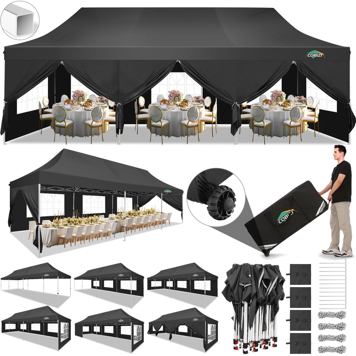 COBIZI 10x30 Pop Up Canopy Tent with 8 Removable Sidewalls Ez Pop Up Party Tent 10x30 Waterproof Instant Shelter UPF50+ Outdoor Canopy Tent for Parties Wedding Events,with Roller Bag&4 Sandbags,Black COBIZI