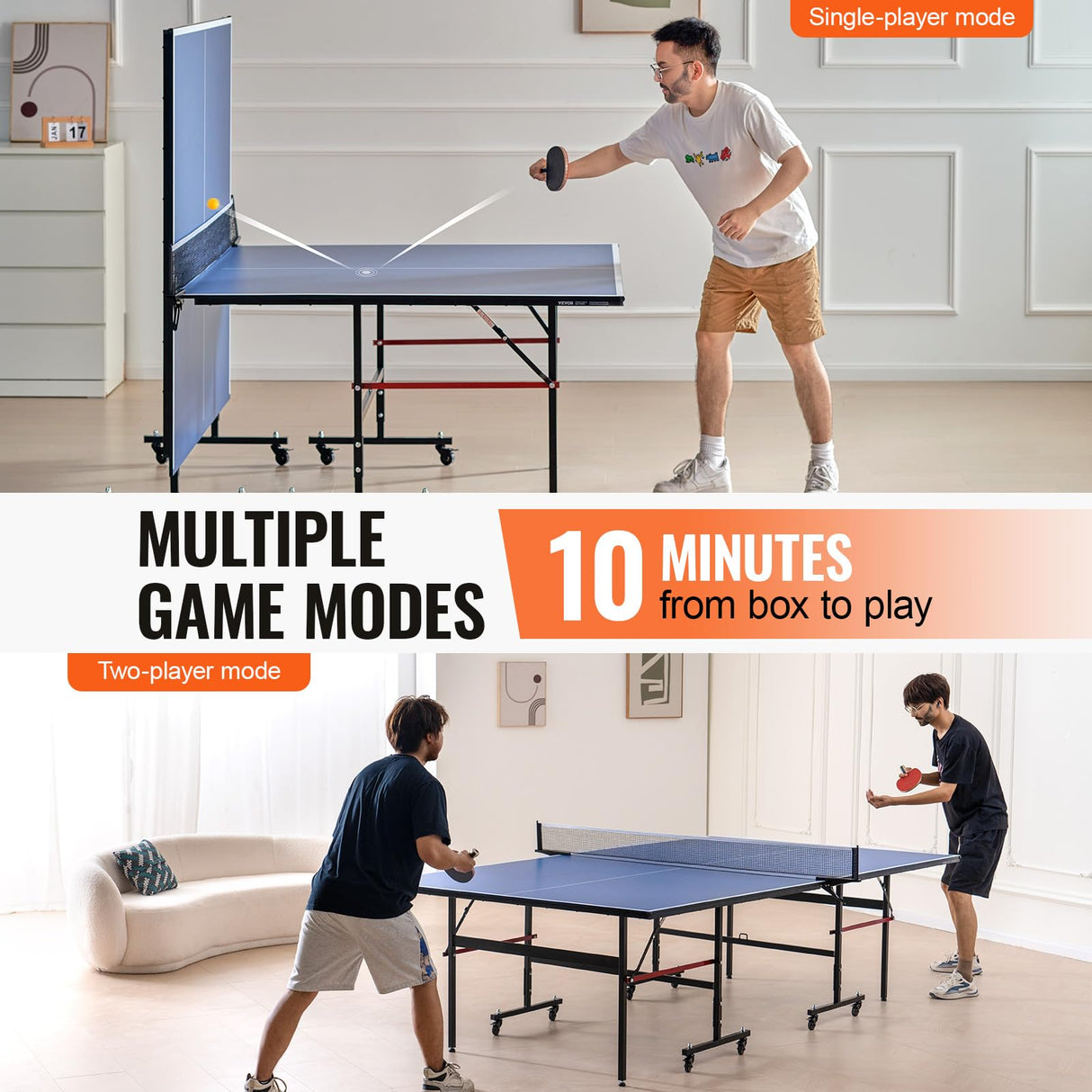 VEVOR Ping Pong Table, Professional Table Tennis Game, Indoor MDF Portable Table Tennis Table, Foldable Ping Pong Table with Quick Clamp Net and Lockable Wheel, 10 Minute Easy Assembly, 12mm Tabletops VEVOR