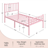 Yaheetech Twin Size Bed Frame Metal Platform Bed Frame Mattress Foundation with Spindle Headboard & Footboard/No Box Spring Needed/14 Inch Underbed Storage/Firm Support & Easy Set up Structure, Pink Yaheetech