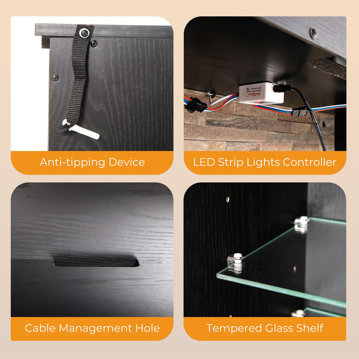 GOFLAME Fireplace TV Stand with LED Lights for TV up to 65”, Entertainment Center with 18” Electric Fireplace, Remote & APP Control, TV Console with Adjustable Glass Shelves (Black) GOFLAME