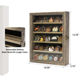 DecoWoodo 5 Rows Military Challenge Coin Display Case with HD Tempered Glass Door, Medal Display Cabinet with Removable Shelves, Poker Chip Coin Holder Shadow Box for Collectors, Rustic Wood Finish DecoWoodo