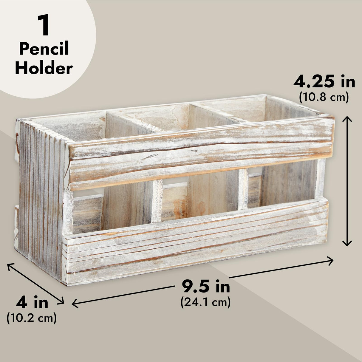Juvale Rustic-Style Desk Pencil Holder with 3 Compartments - Farmhouse Decor and Wooden Organizer for Pen and Office Accessories Juvale