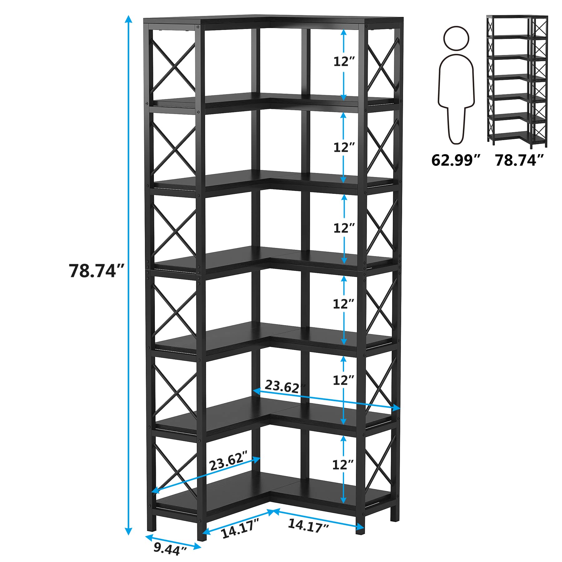 Tribesigns Modern 7-Shelf Corner Bookshelf with Metal Frame in Black - WoodArtSupply