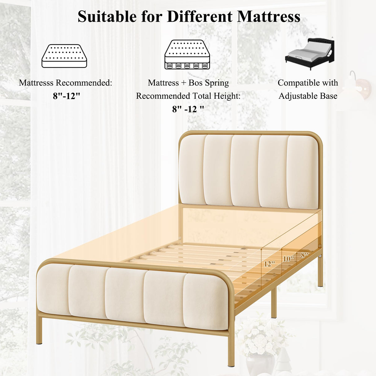 HITHOS Twin Size Bed Frame with Button Tufted Headboard, Upholstered Heavy Duty Metal Mattress Foundation with Wooden Slats, Easy Assembly, No Box Spring Needed (Golden/Off White, Twin) HITHOS