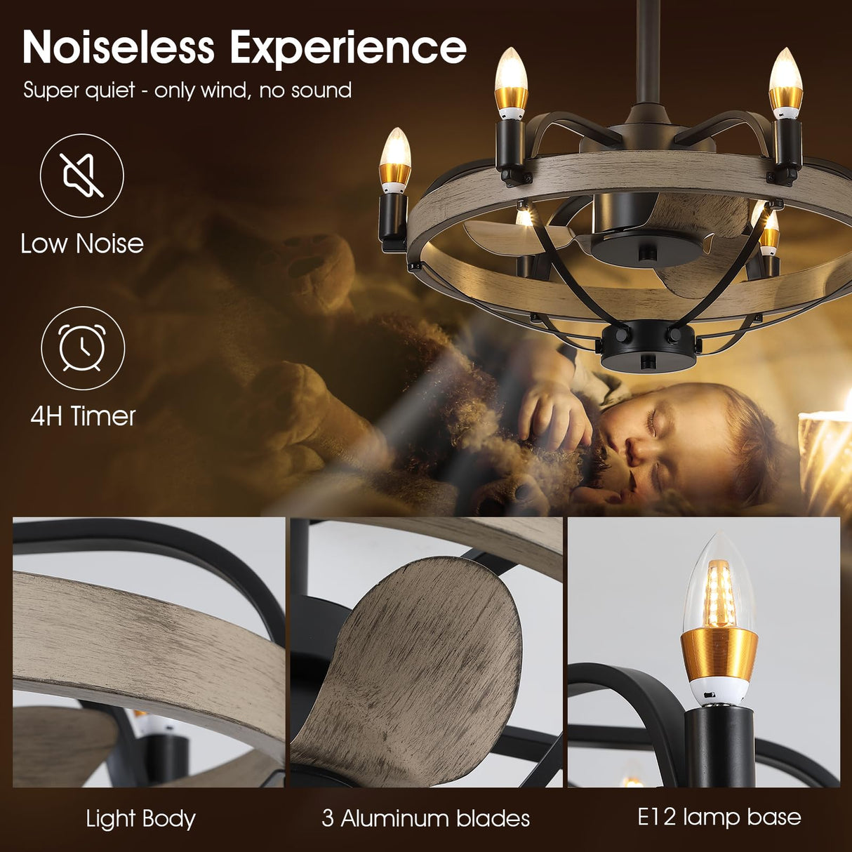 MADSHNE 23" Black Candle Ceiling Fan with Lights Remote Control,Modern Rustic Farmhouse Ceiling Fan,Bladeless Caged Ceiling Fan with Light,Reversible, 6004M MADSHNE